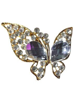 Gold-Tone Butterfly Brooch Clear Rhinestone Insect Animal Womens Costume Jewelry